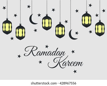 Ramadan Kareem, lantern and moon, muslim holiday lights on a light background. Vector.