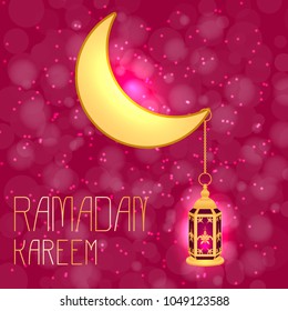 Ramadan Kareem. Lantern and moon. On a crimson background with blur