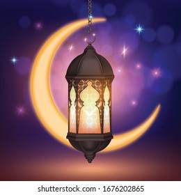 Ramadan kareem lantern moon realistic composition with colourful sky blurry background stars and crescent moon vector illustration