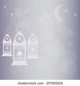 ramadan kareem lantern with moon, star and bokeh on purple background, vector illustration