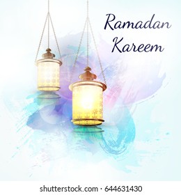 Ramadan Kareem lantern on a blue  watercolor texture background. Glow arabic illustration, Ramadan invitation card on a glow pastel background.