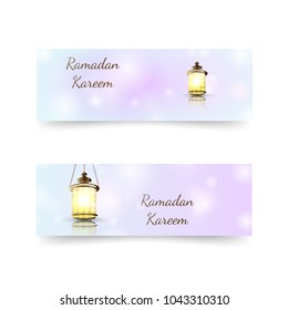 Ramadan Kareem lantern on a sparkle texture background. Glow arabic illustration, Ramadan invitation card on a glow pastel background. Design template for flyer, banner, invitation card.