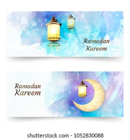 Ramadan Kareem lantern on a sparkle texture background. Glow arabic illustration, Ramadan invitation card on a glow pastel background. Design template for flyer, banner, invitation card.