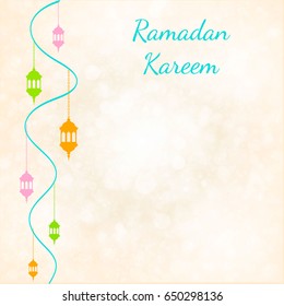 Ramadan Kareem lantern on a sparkle texture background. Glow arabic illustration, Ramadan invitation card on a glow pastel background. 