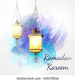 Ramadan Kareem lantern on a watercolor texture background. Glow arabic illustration, Ramadan invitation card on a glow pastel background.