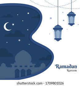 Ramadan Kareem With Lantern on White and Blue Color Background - EPS 10 Vector