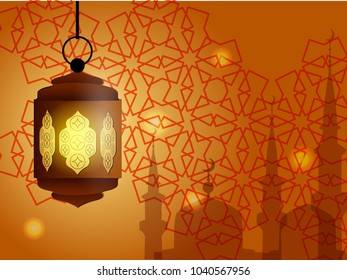 Ramadan Kareem Lantern with the silhouette of mosques. Vector Illustration