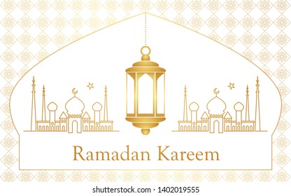 Ramadan Kareem Lantern vector banner design in light brown background. Design elements of gold lantern, mosque. For greetings, invitations, web and print banners, posters, cards.