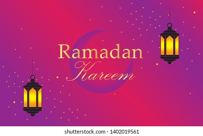 Ramadan Kareem Lantern vector banner design in gradient purple pink modern background. Design elements of black lantern, moon, stars. For greetings, invitations, web and print banners, posters, cards.