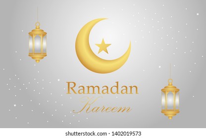 Ramadan Kareem Lantern vector banner design in light grey white background. Design elements of gold lantern, moon and star. For greetings, invitations, web and print banners, posters, cards.