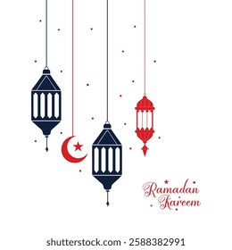 Ramadan Kareem Lanterns with Crescent Moon and Stars – Islamic Festival Vector
