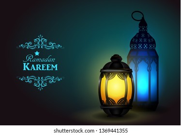 Ramadan Kareem Lanterns or Fanous in a Dark Glowing Background Vector Illustration