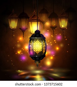 Ramadan Kareem Lanterns or Fanous in a Dark Glowing Background Vector Illustration