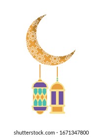 ramadan kareem lanterns hanging with crecent moon vector illustration graphic design