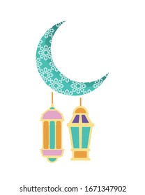 ramadan kareem lanterns hanging with crecent moon vector illustration graphic design