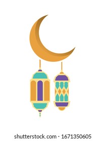 ramadan kareem lanterns hanging with crecent moon vector illustration graphic design