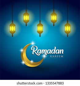 Ramadan Kareem and lanterns on blue background. Muslim greeting card Ramadan Kareem, Free Business Card Template - Illustration