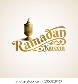 Ramadan Kareem lettering with gold arabic lantern illustration 