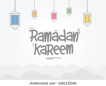 Ramadan Kareem Lettering on White Background, Colorful Lantern - EPS 10 Vector