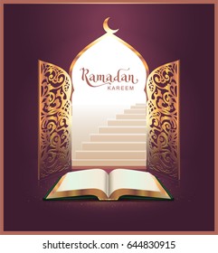 Ramadan Kareem lettering text and open book, door. Vector illustration