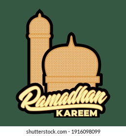 Carteles de kareem de Ramadán con dos cúpulas de mezquitas en las que hay un patrón árabe grande y pequeño y un fondo verde oscuro
