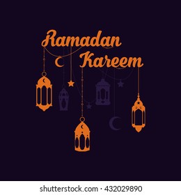Ramadan Kareem lettering. Vector flat lanterns.