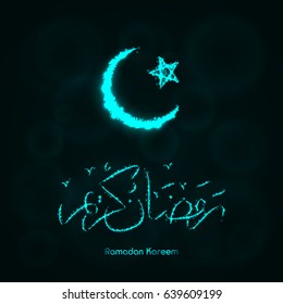 Ramadan Kareem Lights Silhouette on Dark Background. Glowing Lines and Points. Ramadan Kareem Arabic calligraphy. Celebration of Muslim community festival.