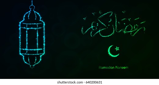 Ramadan Kareem Lights Silhouette on Dark Background. Glowing Lines and Points. Ramadan Kareem Arabic calligraphy. Celebration of Muslim community festival.