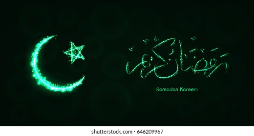 Ramadan Kareem Lights Silhouette on Dark Background. Glowing Lines and Points. Ramadan Kareem Arabic calligraphy. Celebration of Muslim community festival.