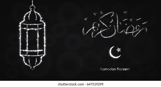 Ramadan Kareem Lights Silhouette on Dark Background. Glowing Lines and Points. Ramadan Kareem Arabic calligraphy. Celebration of Muslim community festival.