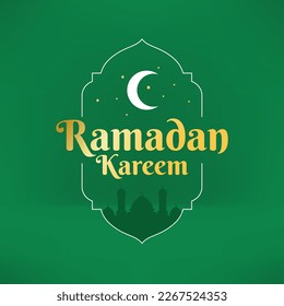 Ramadan Kareem with Line Art Design on Green Background - EPS 10 Vector