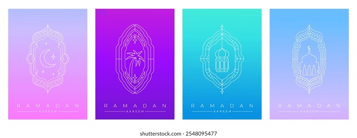 Ramadan Kareem line art minimalism design greeting cards collection, gradient fresh color, arabic ornament, mosque, door, architecture, vector design illustration.