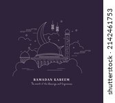 Ramadan Kareem in line art style with popular iconic symbol using in design; cresent, lantern, mosque. Vector isolated outine drawing. Simple and minimal design. 