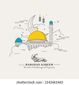 Ramadan Kareem in line art style with popular iconic symbol using in design; cresent, lantern, mosque. Vector isolated outine drawing. Simple and minimal design.  - Shutterstock ID 2142461463