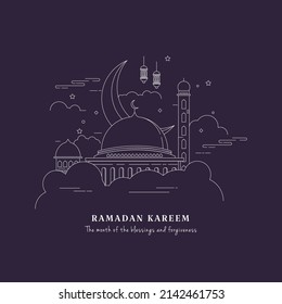 Ramadan Kareem in line art style with popular iconic symbol using in design; cresent, lantern, mosque. Vector isolated outine drawing. Simple and minimal design. 