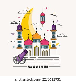 Ramadan Kareem in line art style with cannon, crescent moon, lantern, mosque.