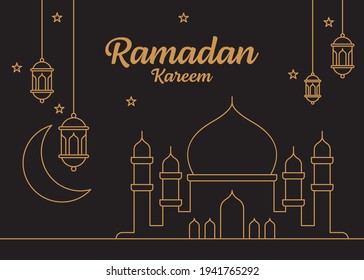 Ramadan kareem line art vector design template, mosque, moon, lantern