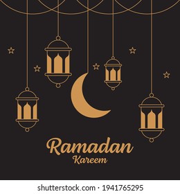 Ramadan kareem line art vector design template, moon, lantern
