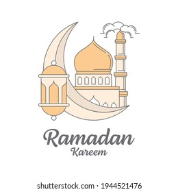 Ramadan kareem line art vector design template, mosque, moon, lantern