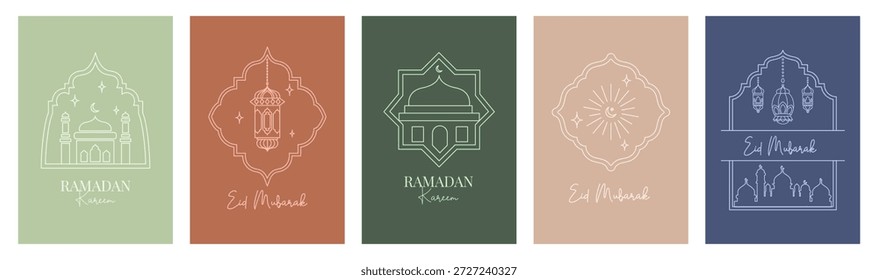 Ramadan Kareem Linie Kunstvektor-Set mit minimalistischen vertikalen Hintergründen. Modernes islamisches Design mit Moschee, Halbmond, Typografie und Musterelementen für Banner und Social-Media-Beiträge.