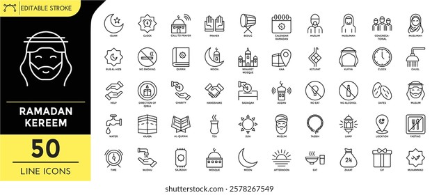 Ramadan kareem line editable icon set. Editable Stroke. calendar ramadan, muslim, clock, ketupat, kufiya, dates, no alcohol, adzan, afternoon, mosque, sajadah, lamp, and more. Vector Illustration.