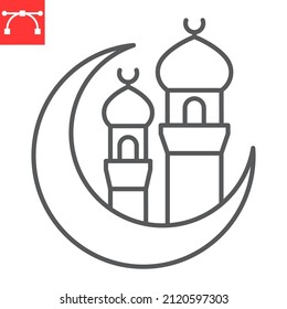 Ramadan Kareem line icon, mosque and crescent, Ramadan vector icon, vector graphics, editable stroke outline sign, eps 10.