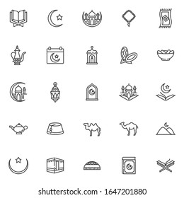 Ramadan Kareem line icons set. linear style symbols collection, Islamic religious outline signs pack. vector graphics. Set includes icons as mosque building, iftar food, Holy Quran book, lantern, moon