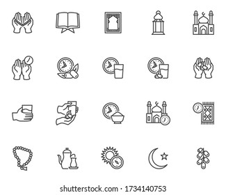 Iconos de la línea Ramadan Kareem. colección de símbolos de estilo lineal, paquete de signos de contorno. gráficos vectoriales. El juego incluye íconos como comida iftar, tiempo de oración, construcción de mezquitas, manos de oración con rosario, linterna