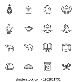 Ramadan Kareem line icons set, outline vector symbol collection, linear style pictogram pack. Signs, logo illustration. Set includes icons as ramadan lantern, islamic moon and star, mosque, Quran book