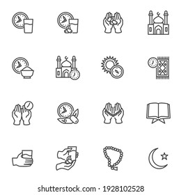 Ramadan Kareem line icons set, outline vector symbol collection, linear style pictogram pack. Signs, logo illustration. Set includes icons as Islamic holiday, iftar food, namaz praying time, mosque