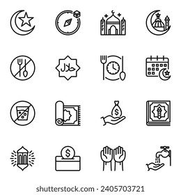 Ramadan Kareem line icons set. pray, praying, month, prayer, spirituality, islam, islamic, worship, muslim, holy, religious, carpet, moon, arab, arabic, lamp, star, outline, religion