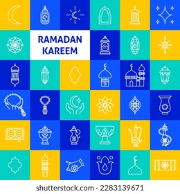 Ramadan Kareem Line Icons. Vector Thin Outline Holiday Symbols.