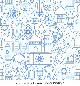 Ramadan Kareem Line Seamless Pattern. Vector Illustration of Outline Design.