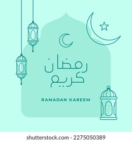 ramadan kareem line typography text with islamic ornament crescent moon and eastern lantern lamp vector illustration for muslim fasting month event poster design. Arabic Translation : Ramadan Kareem